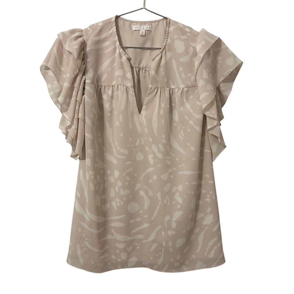 Anna Cate Light Taupe and White Print Short Sleeve Blouse XS